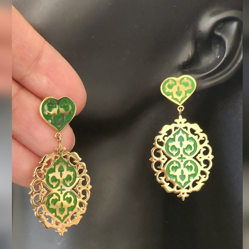 Stainless Steel Gold & Green Drop Earrings